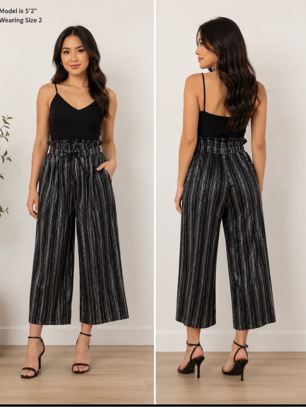 TOPSHOP Plissé Metallic Cropped Wide-Leg Pants Size 2 Black Silver High Rise